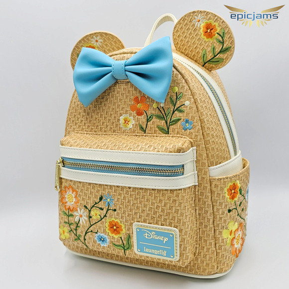 Loungefly Disney Minnie Mouse Raffia Floral Ears Embroidered Mini Backpack New - Picture 3 of 7